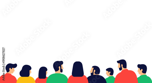 Diverse group of people standing together, flat illustration with copy space
