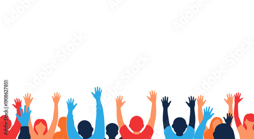 Diverse crowd raising hands in celebration, flat illustration with copy space