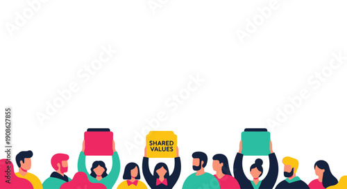 Diverse group holding 'Shared Values' sign, illustration, community, unity, teamwork