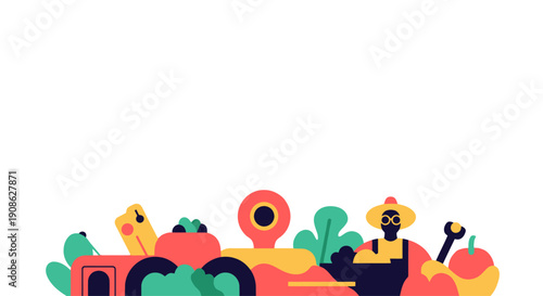 Flat illustration of farmer and fresh produce, agriculture concept with copy space