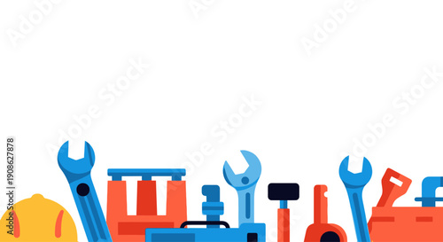 Construction Tools and Equipment, Flat Illustration with Copy Space