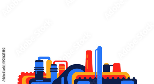 Industrial Factory Plant Building with Pipes and Gears, Flat Illustration