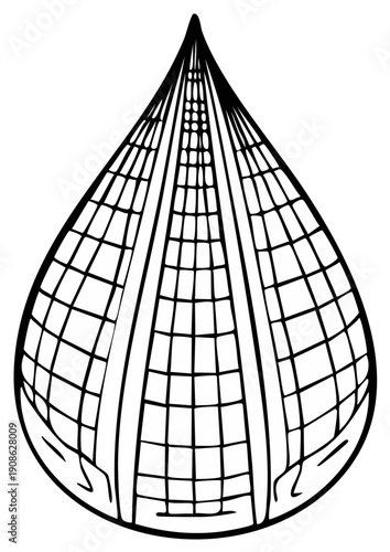 Stylized black and white line art illustration of a grid patterned teardrop shape