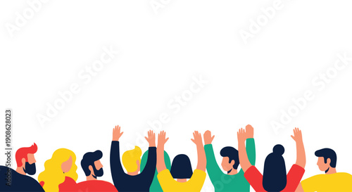 Diverse group of people raising hands, celebrating, community, flat illustration