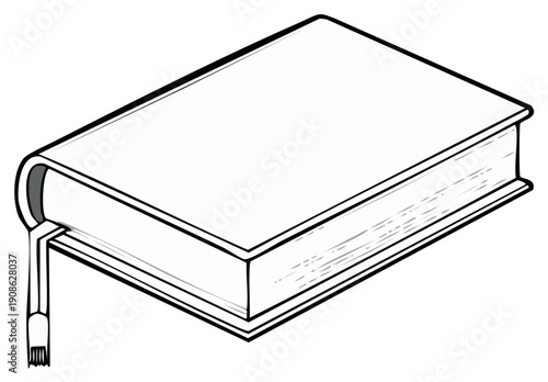 Line art illustration depicting a closed hardcover book with a bookmark against a plain backdrop