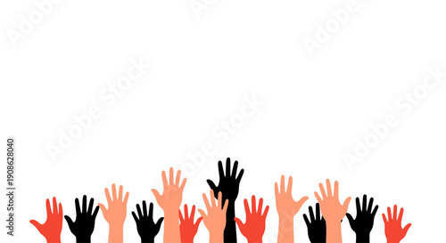 Diverse hands raised up, celebrating or voting, with copy space