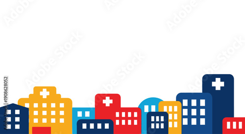 Colorful hospital buildings skyline flat illustration with copy space