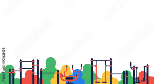 Outdoor Fitness Equipment and Greenery - Flat Illustration with Copy Space