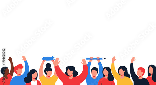 Diverse Group of People Celebrating with Arms Raised and Objects