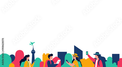 Diverse people enjoying cityscape and travel, flat illustration with copy space