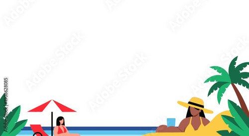 Summer Vacation Vibes: Women Relaxing by Poolside and Beach with Palm Trees