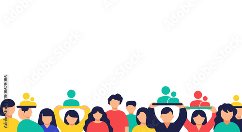 Diverse Crowd Holding Figures, Community Concept, Flat Illustration with Copy Space