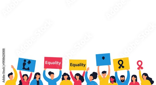 Diverse group holding equality signs and symbols, protest, illustration