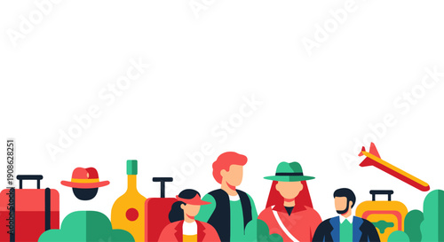 Diverse Group of Travelers with Luggage and Airplane, Flat Illustration Style