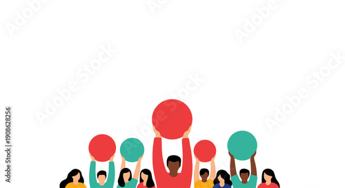 Diverse Group Holding Up Red and Teal Spheres - Teamwork, Unity, Support Concept