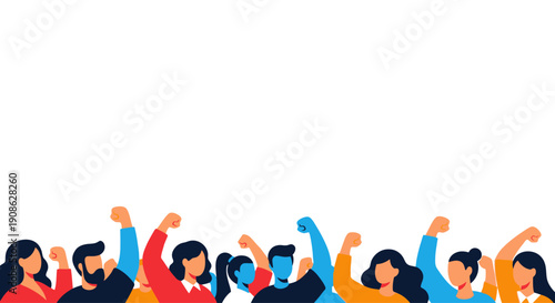 Diverse group of people raising fists in protest or celebration, flat illustration with copy space