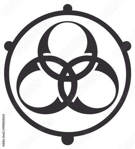 Abstract black and white circular symbol with intertwined organic shapes and outer frame dots