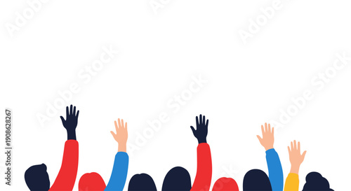 Diverse hands raised up, voting, participation, flat illustration, copy space