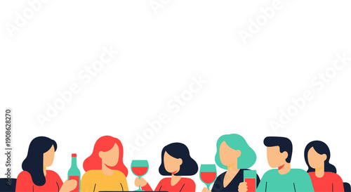 Diverse group of people enjoying drinks and socializing, flat illustration with copy space