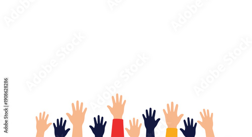 Diverse hands raised up, voting, participation, support, teamwork, flat illustration, copy space