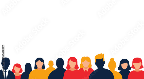 Diverse Crowd of People Silhouettes, Flat Illustration with Copy Space