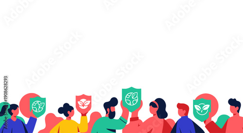 Diverse people holding shields with environmental symbols, eco-friendly concept