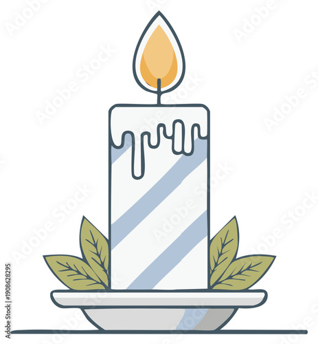 Illustration of a burning candle, flames, and leaves in a minimalist design.