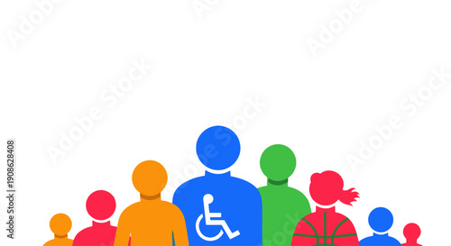 Diverse group of people illustration with disabled person icon, copy space
