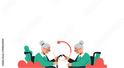 Elderly Women Connecting Digitally, Technology and Seniors Concept, Flat Illustration