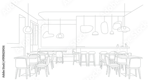 Minimalist black and white line art drawing illustrating the interior layout and furniture arrangement of a modern cafe or restaurant space featuring varied lighting fixtures.