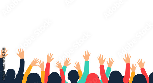 Diverse crowd raising hands in unity, celebration, and participation, flat illustration with copy space