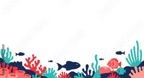 Underwater coral reef with fish, flat illustration, copy space