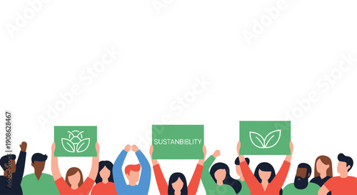 People holding signs promoting sustainability and eco-friendly environment