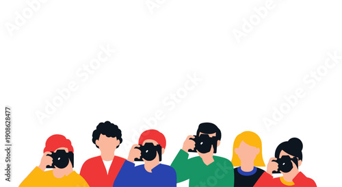 Diverse group of people with cameras, flat illustration, copy space for text