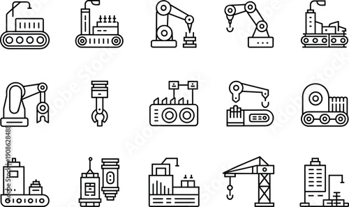 Industrial Construction Machinery Line Icons Set Automated Equipment, Crane, Factory Vector