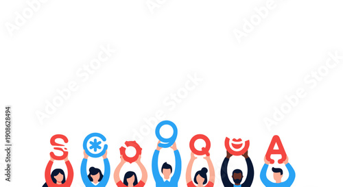 Diverse people holding letters forming 'SCOQA' on white background, flat illustration