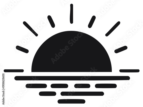 Minimalist black icon of sun rising or setting over water with subtle wavy lines