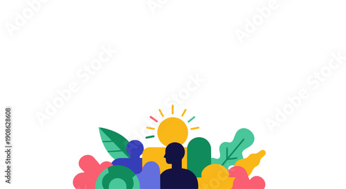 Diverse people and nature elements with sun, flat illustration, copy space