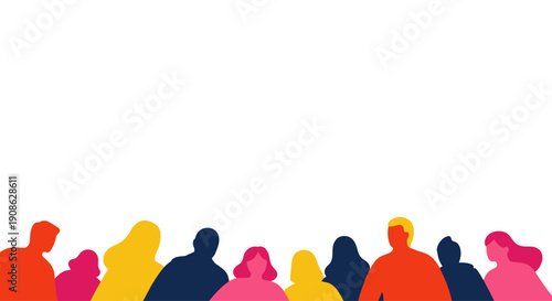 Diverse group of people silhouettes, colorful abstract background, copy space