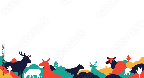 Diverse Wildlife and Nature Landscape Flat Illustration with Copy Space