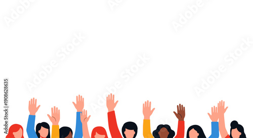 Diverse hands raised in agreement, support, or participation, flat illustration