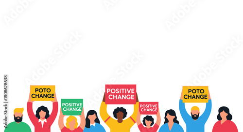 Diverse group holding signs for positive change, protest, illustration, copy space