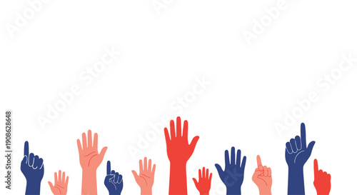Raised hands in red, blue, and white against a white background, indicating participation and voting.