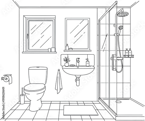 Simple line art drawing illustrating a modern bathroom interior featuring a functional toilet, pedestal sink, framed window, mirror, and enclosed glass shower stall design elements.