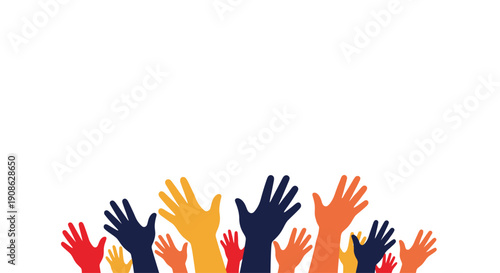 Diverse hands raised in a colorful, flat illustration with copy space