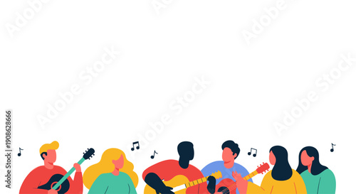Diverse group of people playing guitars in a band, with music notes, flat illustration
