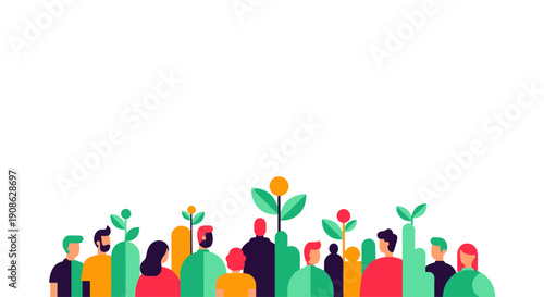 Diverse People and Growing Plants - Teamwork and Growth Concept Flat Illustration