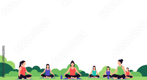 Diverse Group Practicing Yoga Outdoors with Greenery and Copy Space