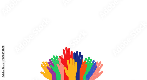 Colorful raised hands up, diverse group, teamwork, voting, celebration, flat illustration, copy space