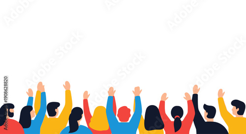 Diverse crowd raising hands celebrating, flat illustration with copy space